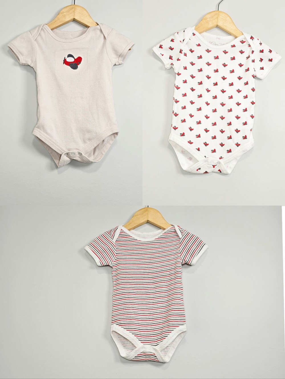 Rene Rofe Red & Gray Striped and Airplane Print Baby One-Piece Set Bundle
